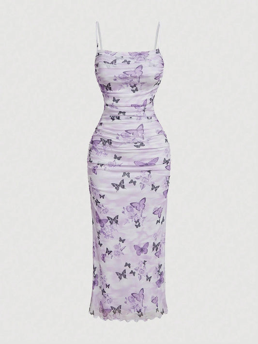 Fashzeo women's lavender purple butterfly print ruched maxi dress with spaghetti straps and a snatched bodycon fit.