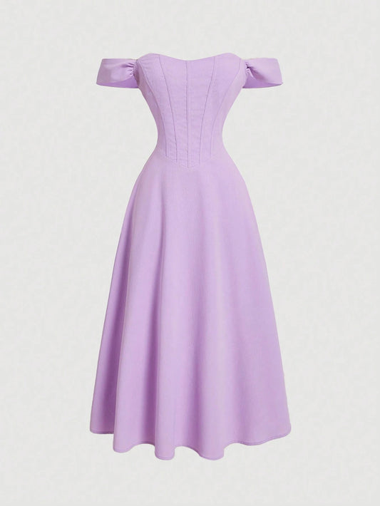 Fashzeo women's lavender purple off-shoulder corset midi dress with fishbone bodice and flared midi skirt.