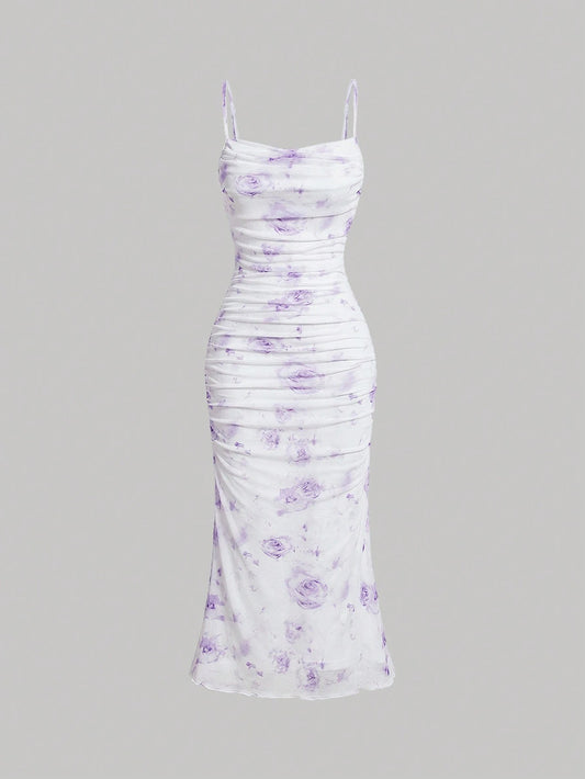 Fashzeo women's lavender purple rose tie-dye floral print ruched midi dress with a fishtail hem and snatched bodycon fit.