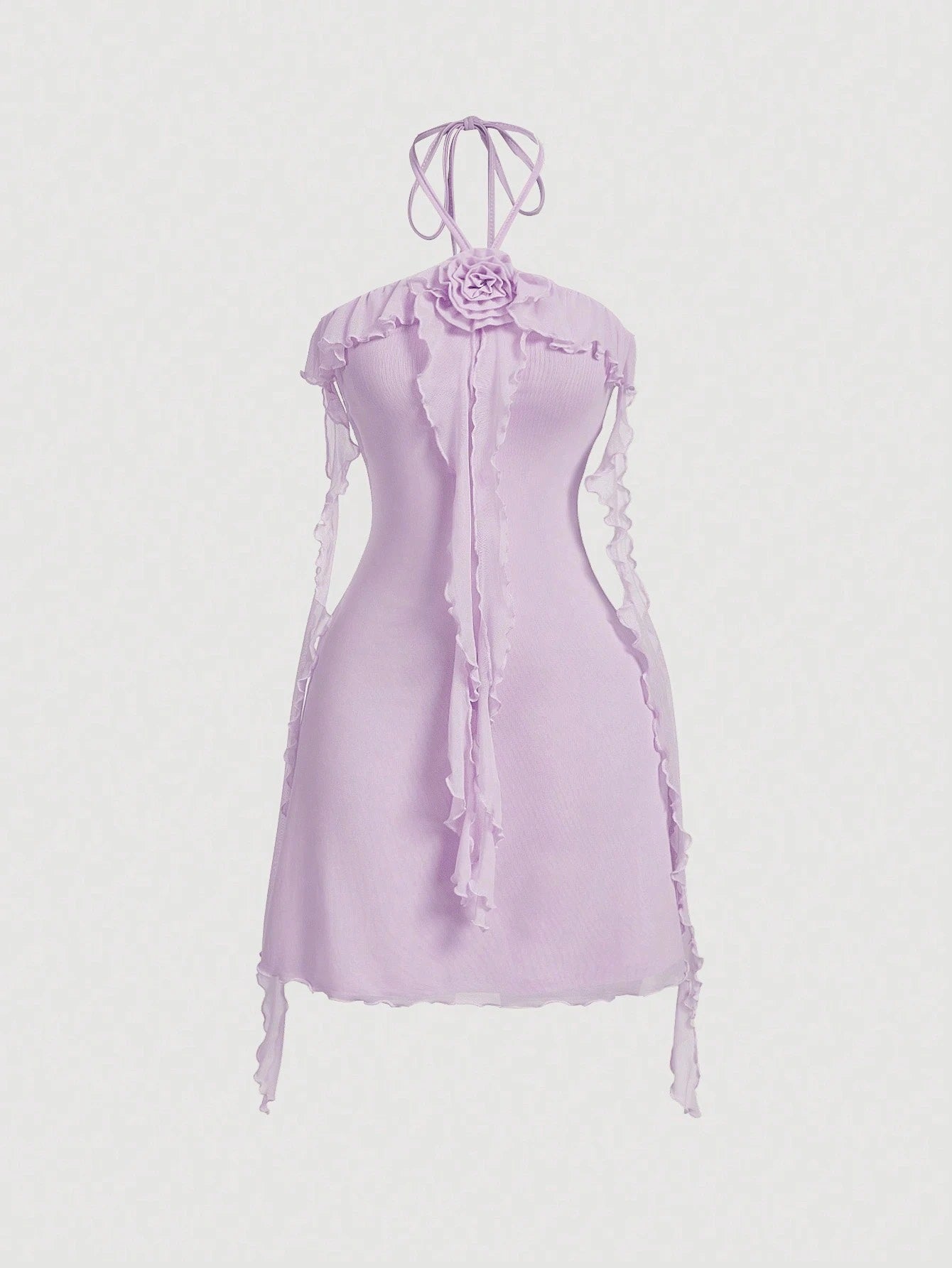 Fashzeo women's lilac purple sleeveless halter mini dress with 3D floral rosette decor and cascading ruffle trim in a sheer mesh fabric