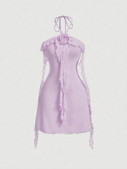 Fashzeo women's lilac purple sleeveless halter mini dress with 3D floral rosette decor and cascading ruffle trim in a sheer mesh fabric