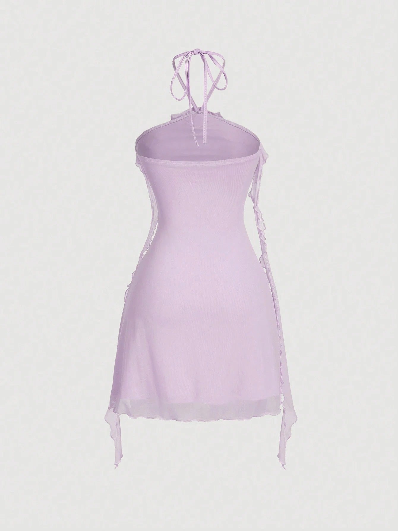 Fashzeo women's lilac purple sleeveless halter mini dress with 3D floral rosette decor and cascading ruffle trim in a sheer mesh fabric1