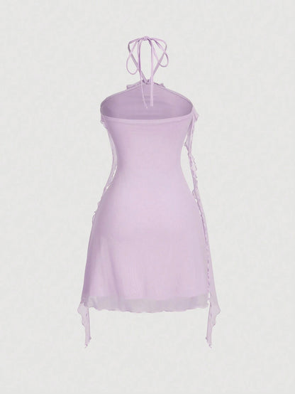 Fashzeo women's lilac purple sleeveless halter mini dress with 3D floral rosette decor and cascading ruffle trim in a sheer mesh fabric1