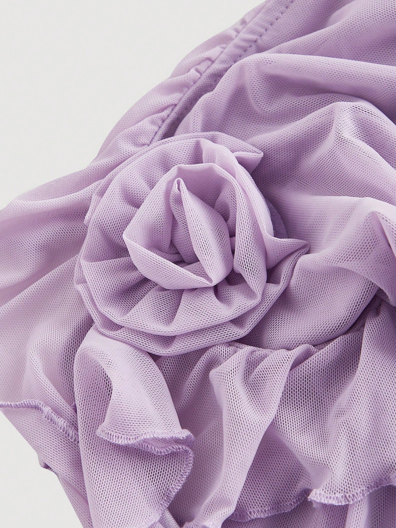 Fashzeo women's lilac purple sleeveless halter mini dress with 3D floral rosette decor and cascading ruffle trim in a sheer mesh fabric2