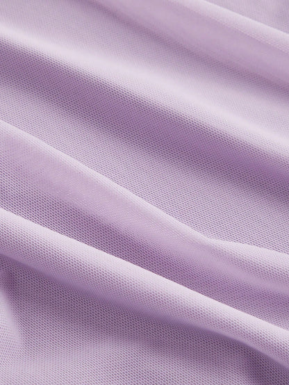Fashzeo women's lilac purple sleeveless halter mini dress with 3D floral rosette decor and cascading ruffle trim in a sheer mesh fabric3