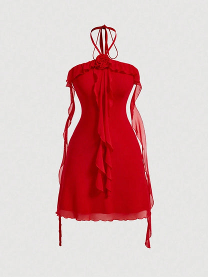Fashzeo women's red sleeveless halter mini dress with 3D floral rosette decor and cascading ruffle trim in a sheer mesh fabric.