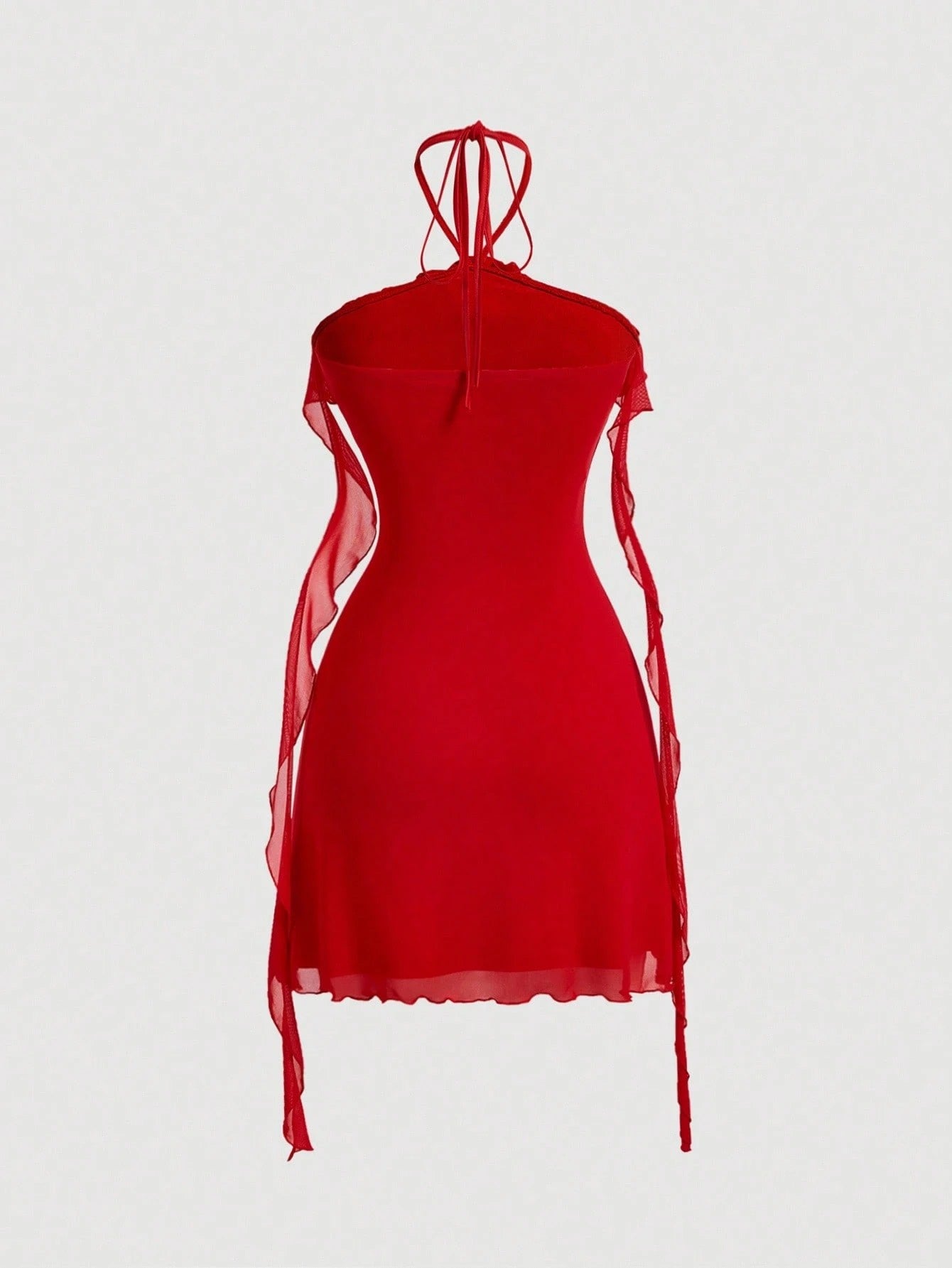 Fashzeo women's red sleeveless halter mini dress with 3D floral rosette decor and cascading ruffle trim in a sheer mesh fabric1