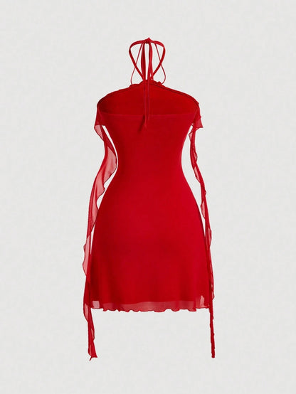 Fashzeo women's red sleeveless halter mini dress with 3D floral rosette decor and cascading ruffle trim in a sheer mesh fabric1