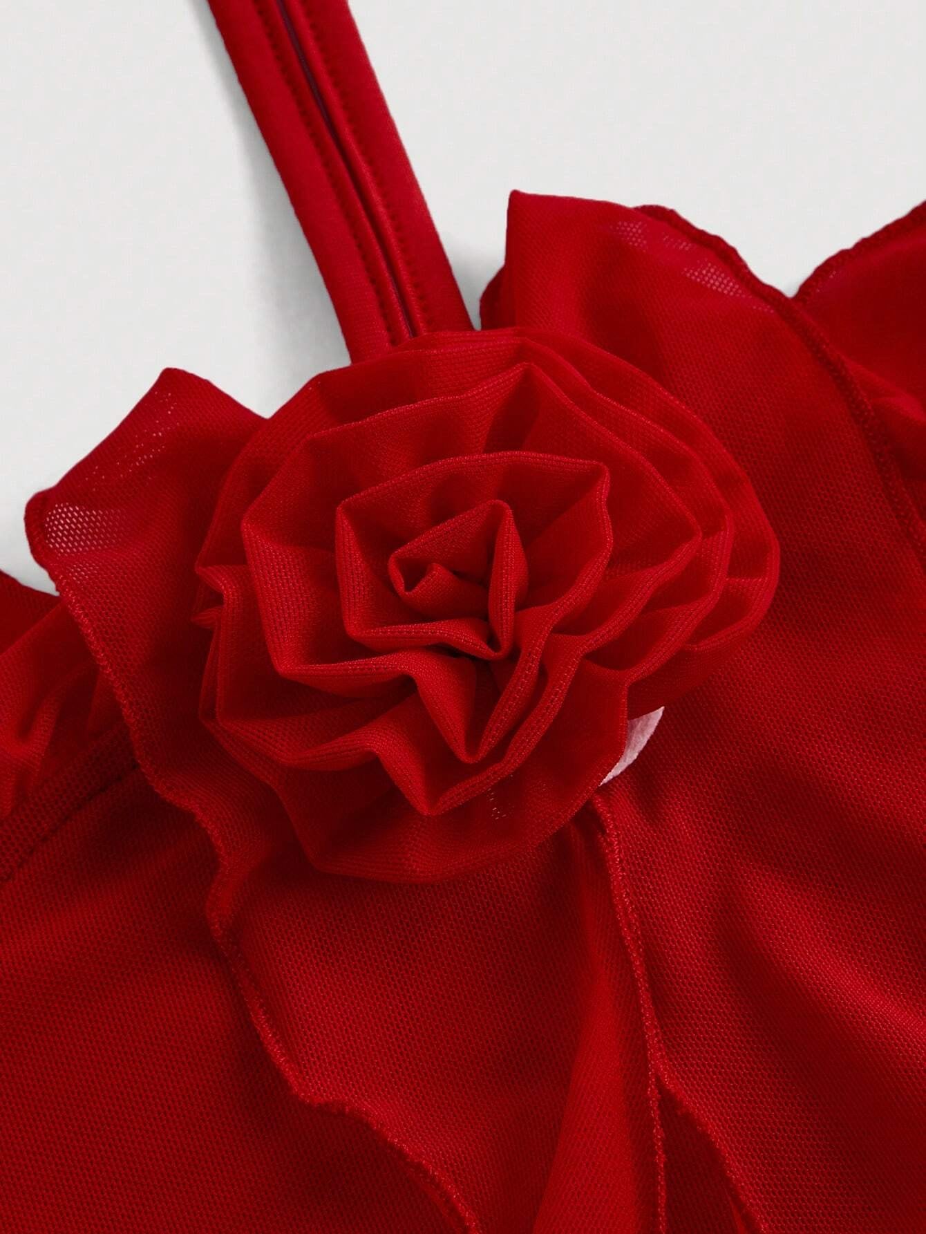 Fashzeo women's red sleeveless halter mini dress with 3D floral rosette decor and cascading ruffle trim in a sheer mesh fabric2