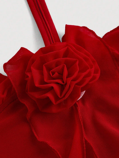 Fashzeo women's red sleeveless halter mini dress with 3D floral rosette decor and cascading ruffle trim in a sheer mesh fabric2