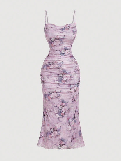 Fashzeo_women_s_vintage_floral_print_ruched_mesh_midi_slip_dress_in_lilac purple_with_adjustable_straps.