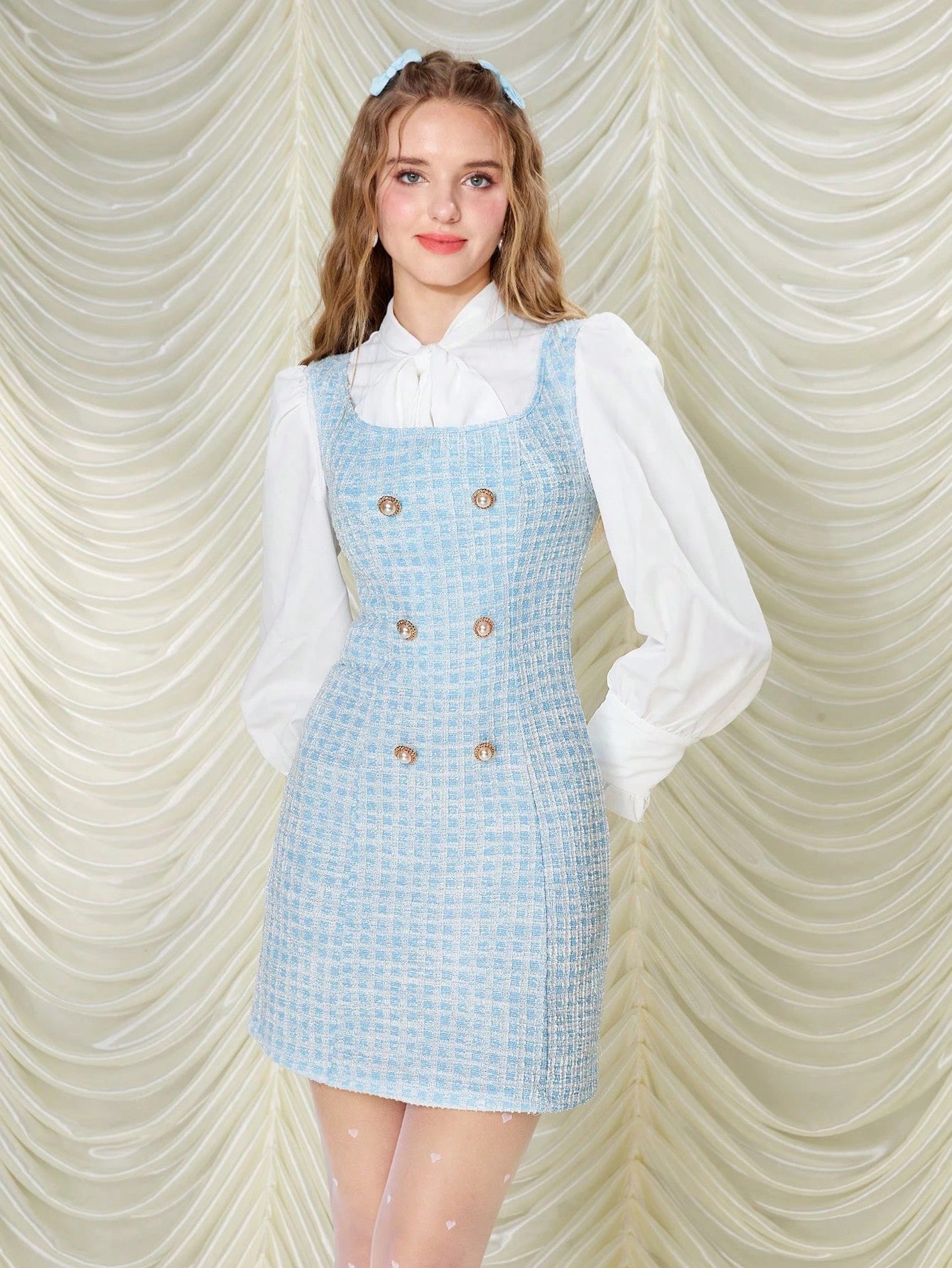 Fashzeo women's vintage plaid tweed mini dress featuring a sleeveless square neck and double-breasted pearl buttons in pastel blue.