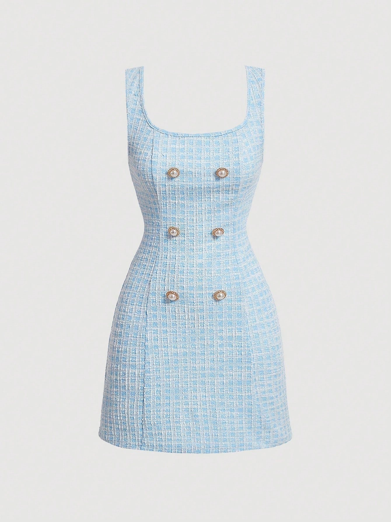 Fashzeo women's vintage plaid tweed mini dress featuring a sleeveless square neck and double-breasted pearl buttons in pastel blue1.