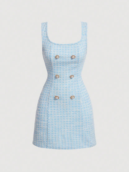 Fashzeo women's vintage plaid tweed mini dress featuring a sleeveless square neck and double-breasted pearl buttons in pastel blue1.