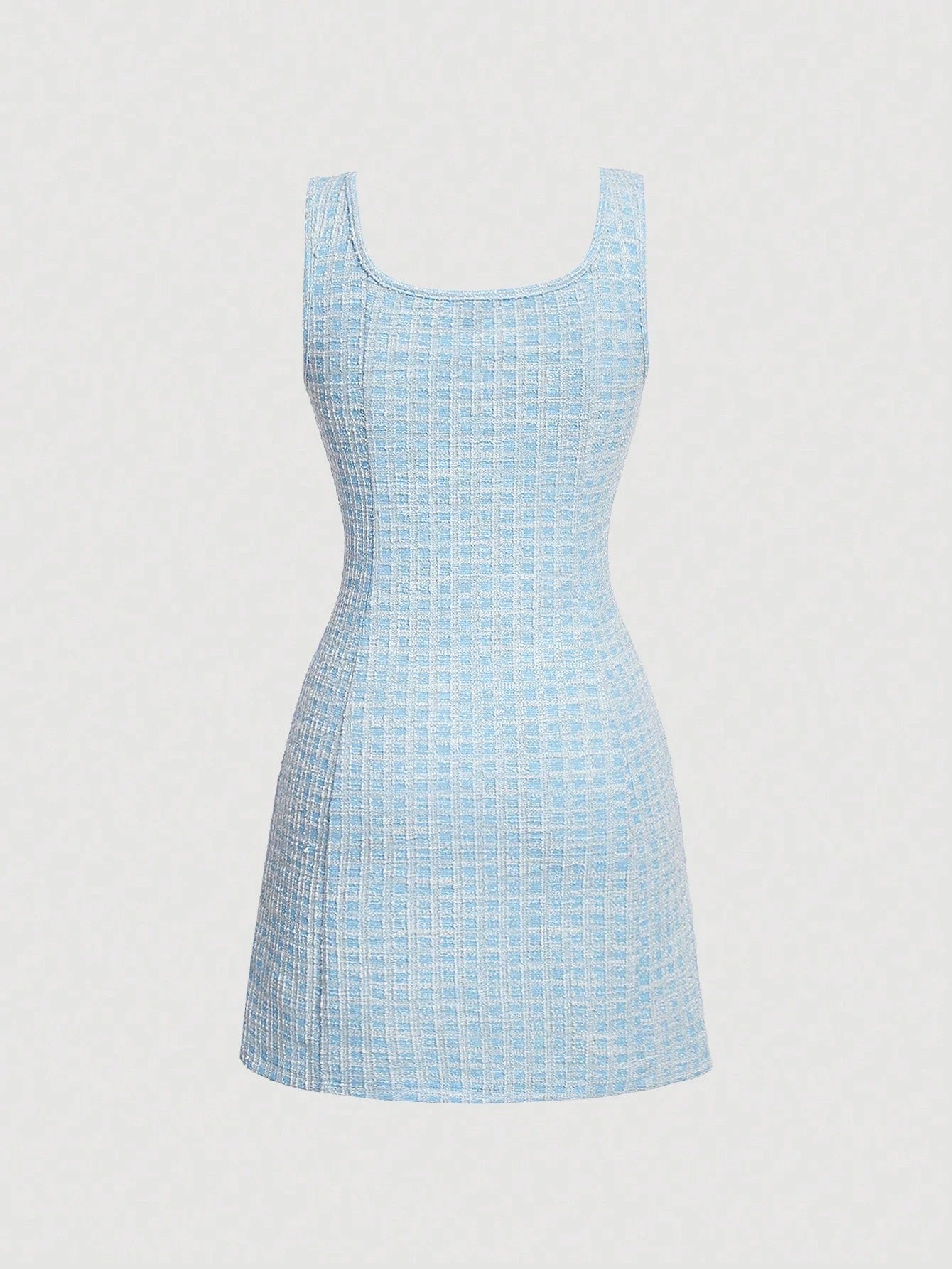 Fashzeo women's vintage plaid tweed mini dress featuring a sleeveless square neck and double-breasted pearl buttons in pastel blue2