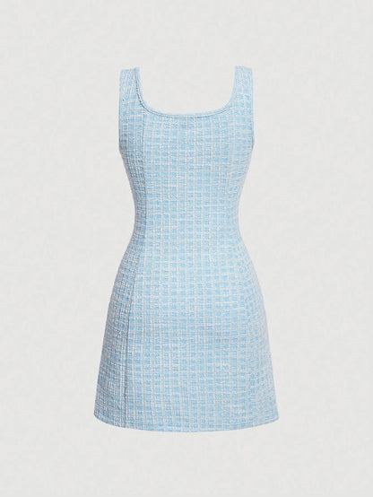 Fashzeo women's vintage plaid tweed mini dress featuring a sleeveless square neck and double-breasted pearl buttons in pastel blue2