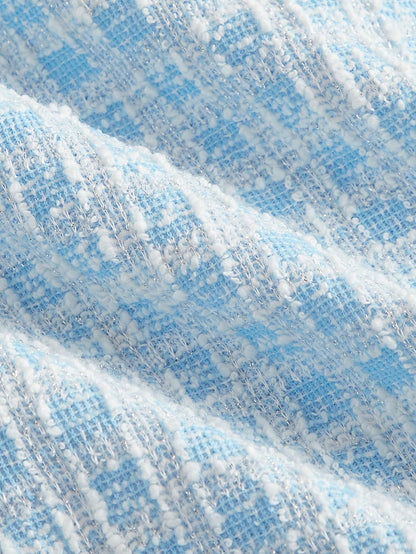 Fashzeo women's vintage plaid tweed mini dress featuring a sleeveless square neck and double-breasted pearl buttons in pastel blue4