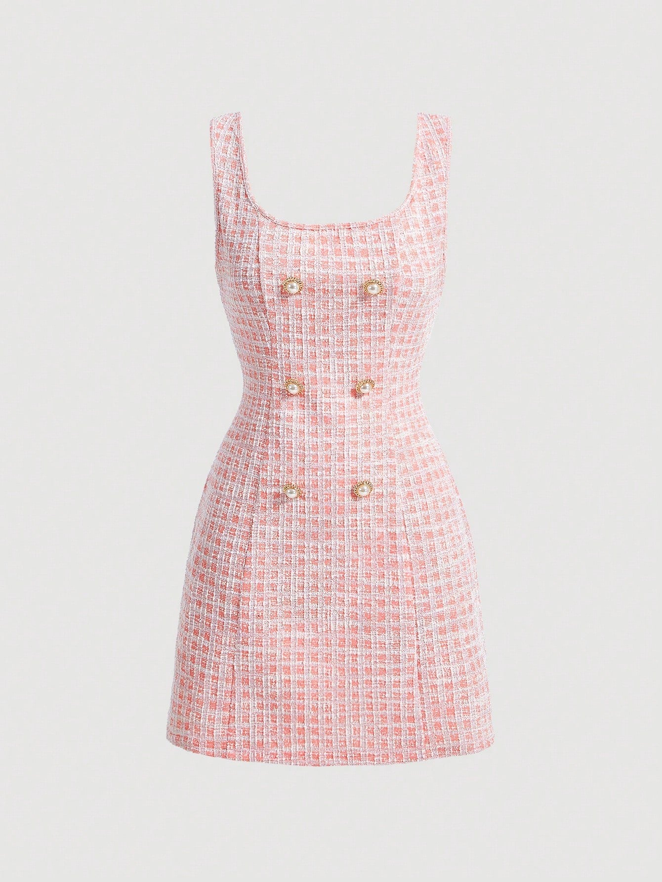 Fashzeo women's vintage plaid tweed mini dress featuring a sleeveless square neck and double-breasted pearl buttons in pastel pink