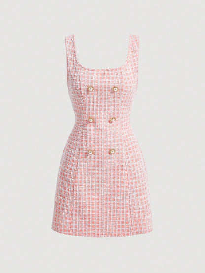 Fashzeo women's vintage plaid tweed mini dress featuring a sleeveless square neck and double-breasted pearl buttons in pastel pink