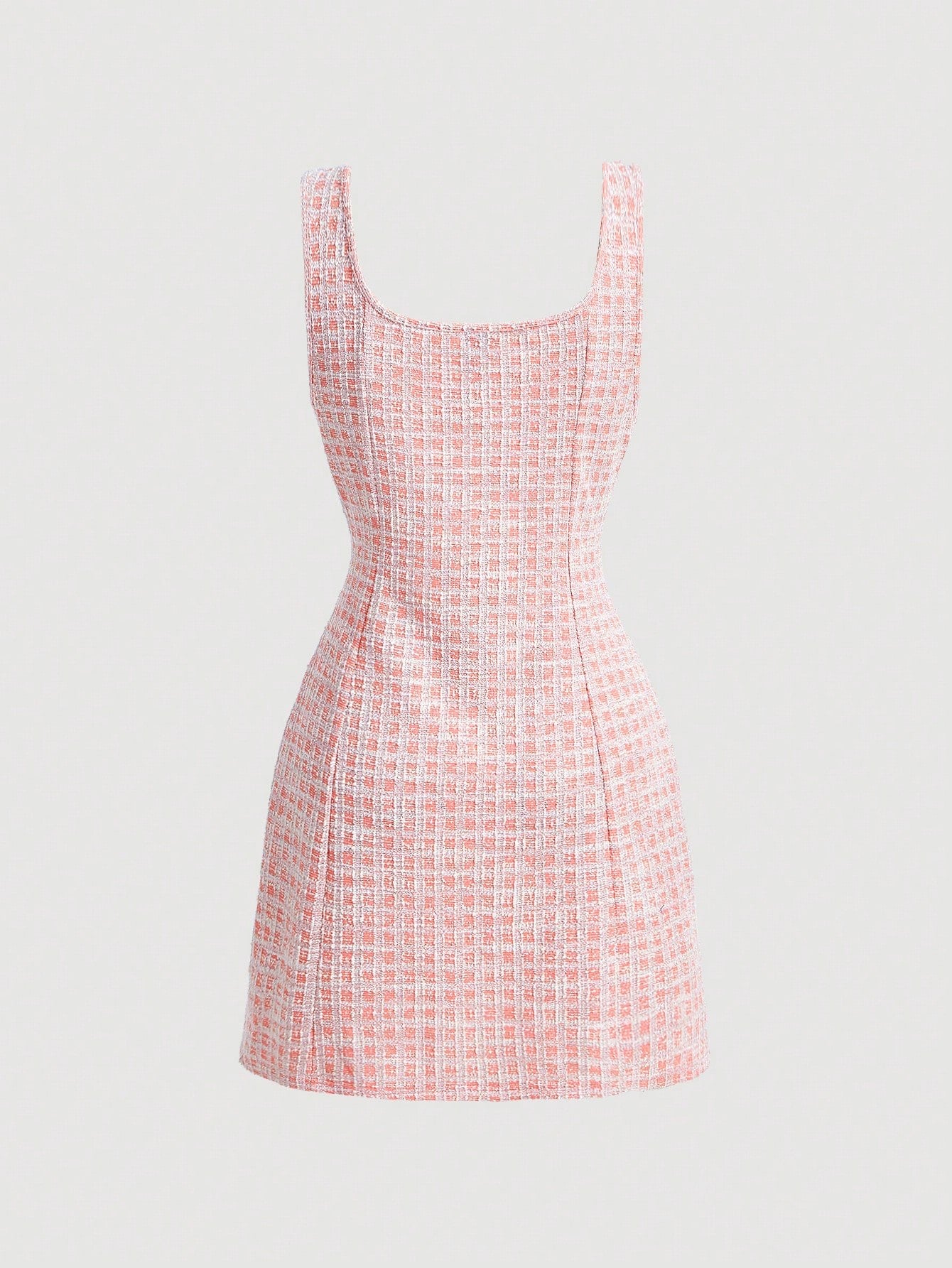 Fashzeo women's vintage plaid tweed mini dress featuring a sleeveless square neck and double-breasted pearl buttons in pastel pink1