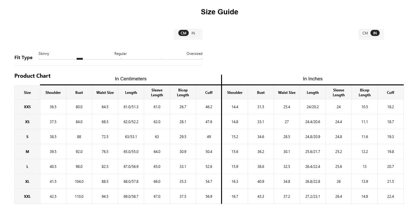 A size guide product chart table showing measurements in centimeters and inches for sizes XXS to XXXL, with columns for Shoulder, Bust, Waist Length, Sleeve Length, Bicep Length, and Cuff. The page has a white background with black text and small red and blue filter tags at the top.