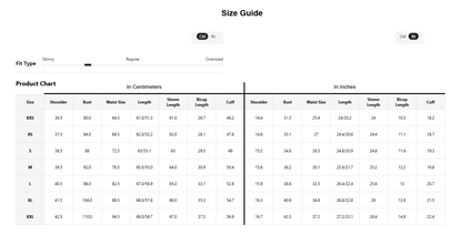 A size guide product chart table showing measurements in centimeters and inches for sizes XXS to XXXL, with columns for Shoulder, Bust, Waist Length, Sleeve Length, Bicep Length, and Cuff. The page has a white background with black text and small red and blue filter tags at the top.