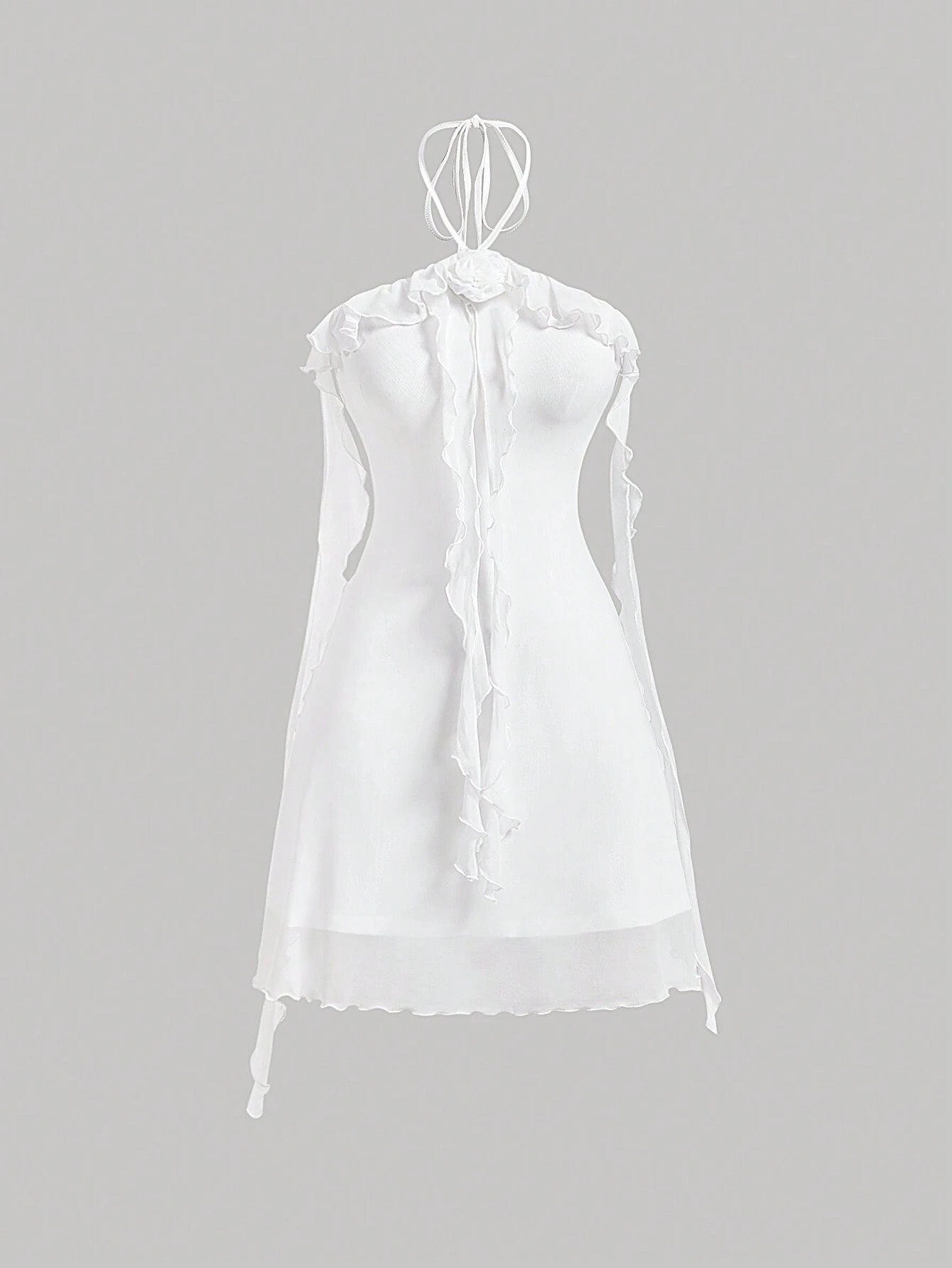 Fashzeo women's white sleeveless halter mini dress with 3D floral rosette decor and cascading ruffle trim in a sheer mesh fabric
