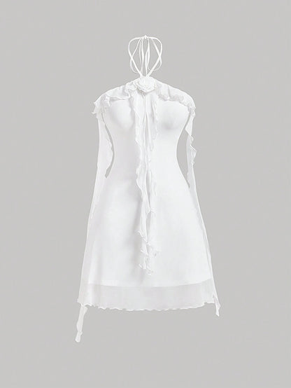 Fashzeo women's white sleeveless halter mini dress with 3D floral rosette decor and cascading ruffle trim in a sheer mesh fabric