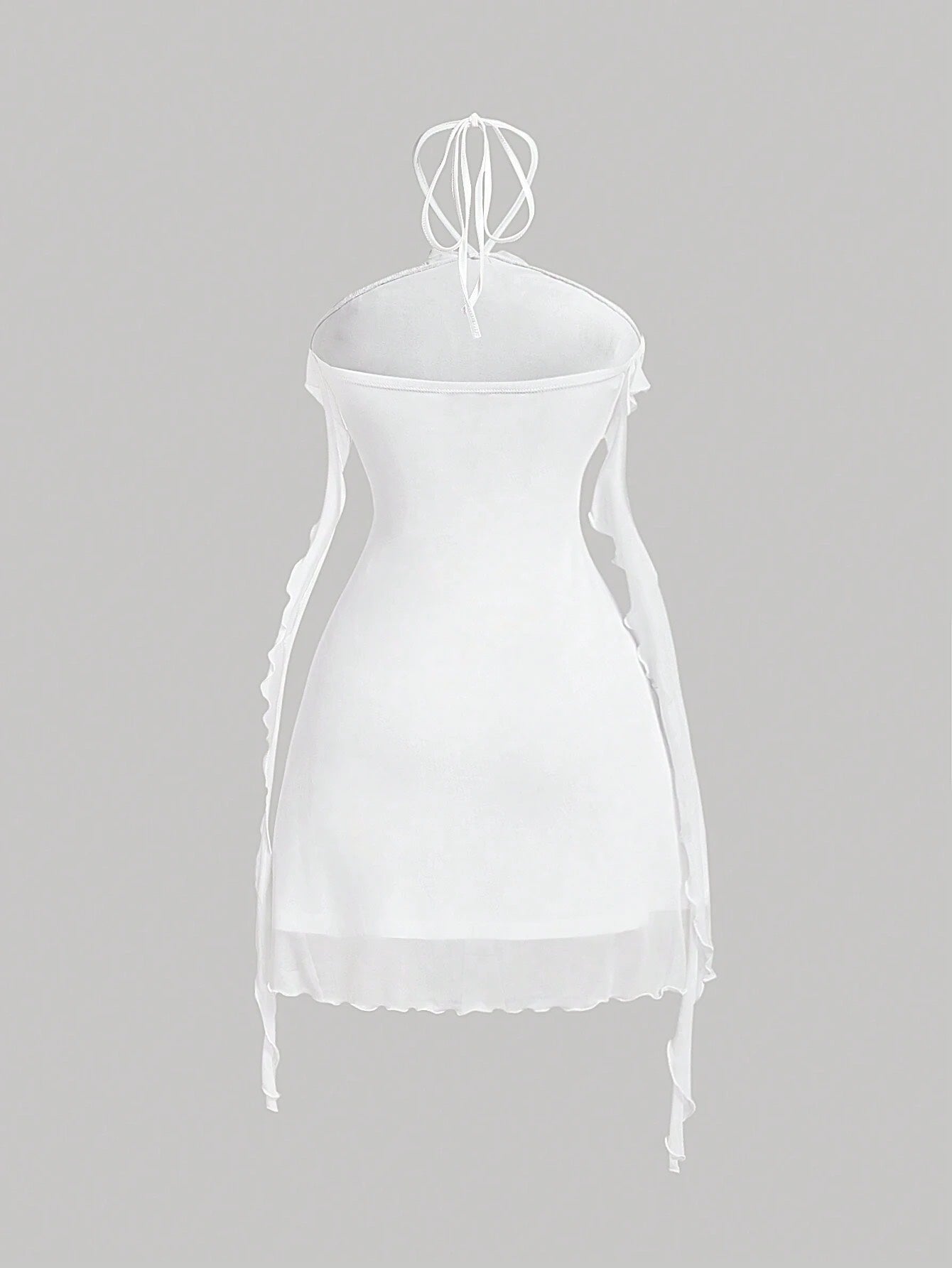 Fashzeo women's white sleeveless halter mini dress with 3D floral rosette decor and cascading ruffle trim in a sheer mesh fabric1