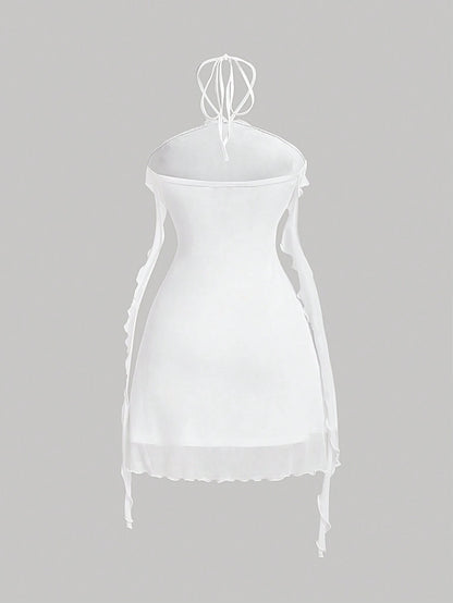 Fashzeo women's white sleeveless halter mini dress with 3D floral rosette decor and cascading ruffle trim in a sheer mesh fabric1
