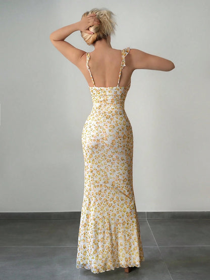 Fashzeo yellow floral print ruffle-trim maxi dress with a ruched waist, styled for an elegant and trendy summer look.