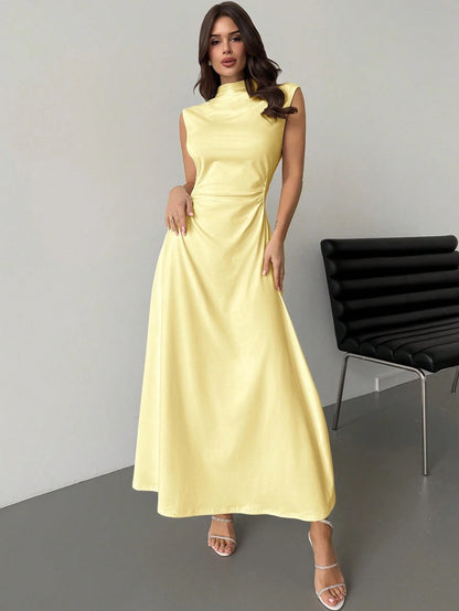 Fashzeo yellow high neck sleeveless long dress featuring a cinched ruched waist for an elegant and modest romantic aesthetic.