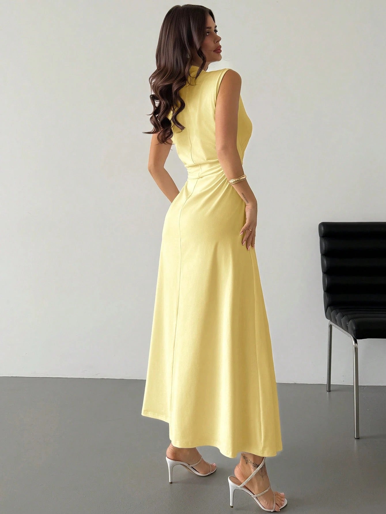 Fashzeo yellow high neck sleeveless long dress featuring a cinched ruched waist for an elegant and modest romantic aesthetic.1