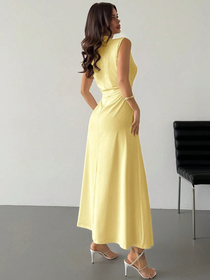 Fashzeo yellow high neck sleeveless long dress featuring a cinched ruched waist for an elegant and modest romantic aesthetic.1