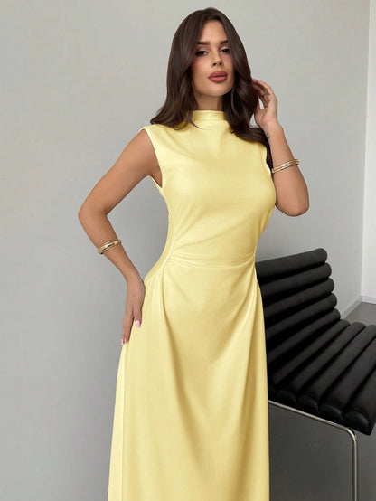 Fashzeo yellow high neck sleeveless long dress featuring a cinched ruched waist for an elegant and modest romantic aesthetic.3
