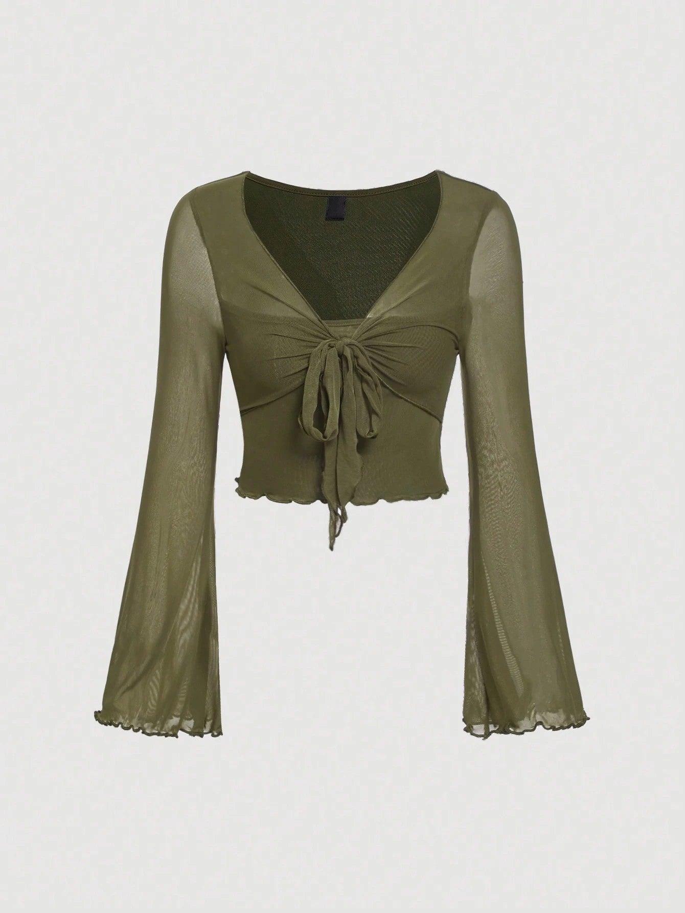 Fashzeo women's army green front-knot top with long sheer bell sleeves and lettuce-edge ruffle trim.
