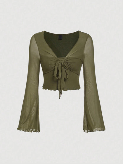 Fashzeo women's army green front-knot top with long sheer bell sleeves and lettuce-edge ruffle trim.