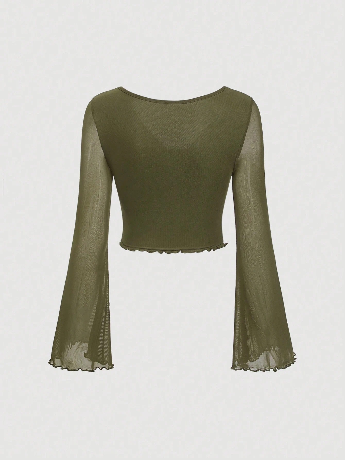 Fashzeo women's army green front-knot top with long sheer bell sleeves and lettuce-edge ruffle trim.