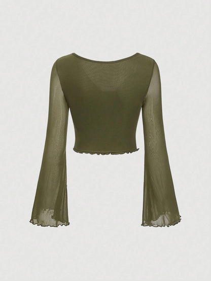 Fashzeo women's army green front-knot top with long sheer bell sleeves and lettuce-edge ruffle trim.
