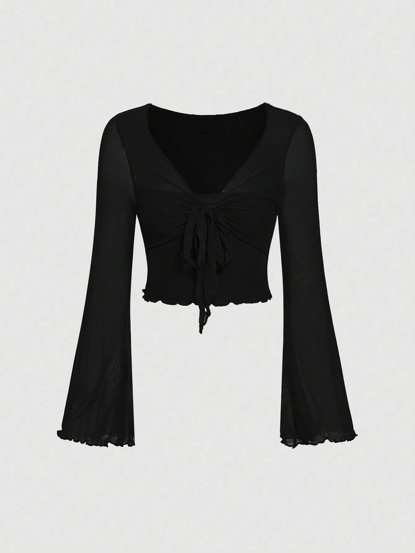 Fashzeo women's black front-knot top with long sheer bell sleeves and lettuce-edge ruffle trim.