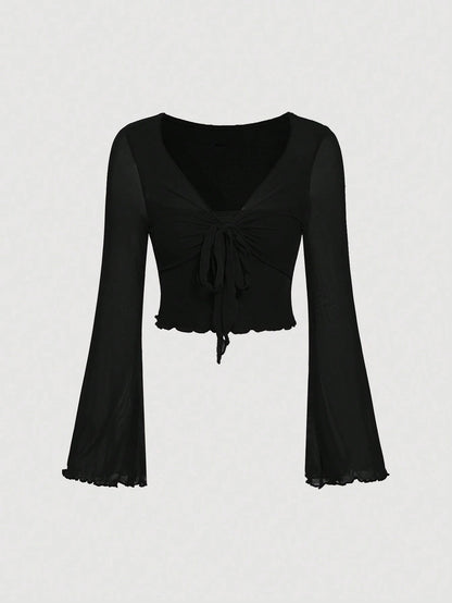 Fashzeo women's black front-knot top with long sheer bell sleeves and lettuce-edge ruffle trim.