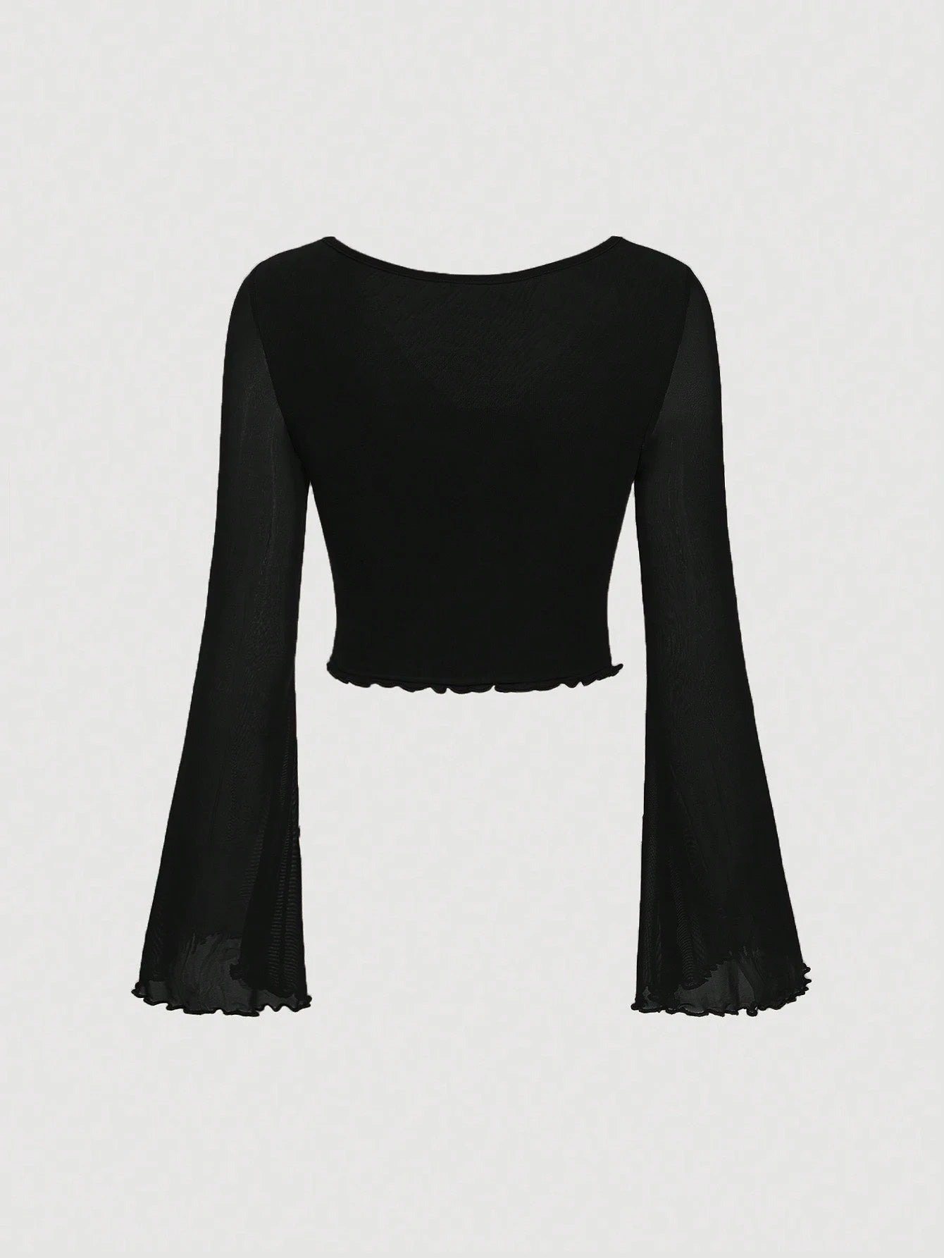 Fashzeo women's black front-knot top with long sheer bell sleeves and lettuce-edge ruffle trim.