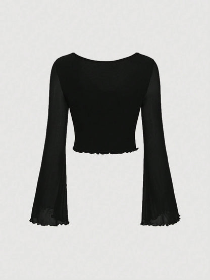 Fashzeo women's black front-knot top with long sheer bell sleeves and lettuce-edge ruffle trim.