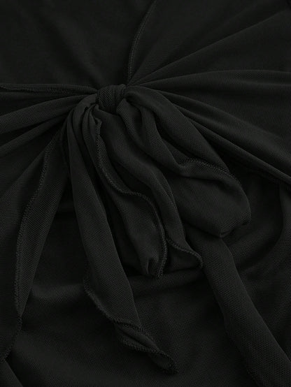 Fashzeo women's black front-knot top with long sheer bell sleeves and lettuce-edge ruffle trim.