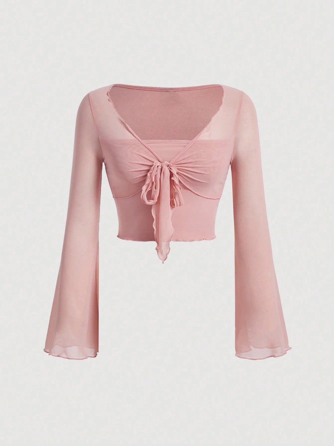 Fashzeo women's pink front-knot top with long sheer bell sleeves and lettuce-edge ruffle trim.