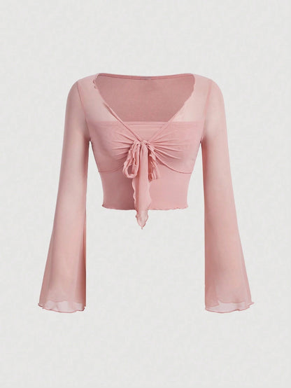 Fashzeo women's pink front-knot top with long sheer bell sleeves and lettuce-edge ruffle trim.