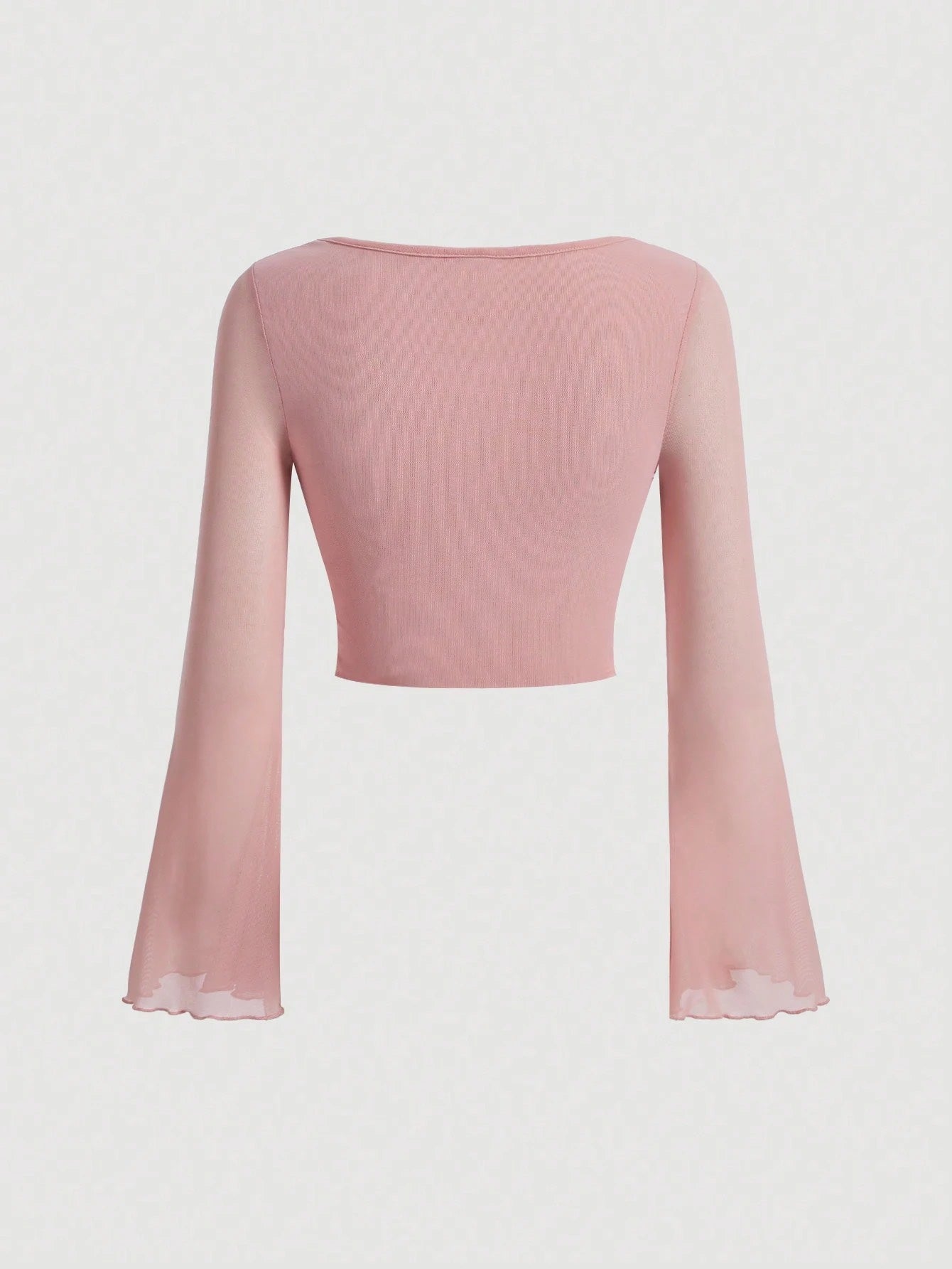 Fashzeo women's pink front-knot top with long sheer bell sleeves and lettuce-edge ruffle trim.