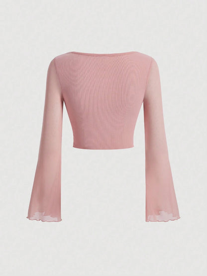 Fashzeo women's pink front-knot top with long sheer bell sleeves and lettuce-edge ruffle trim.