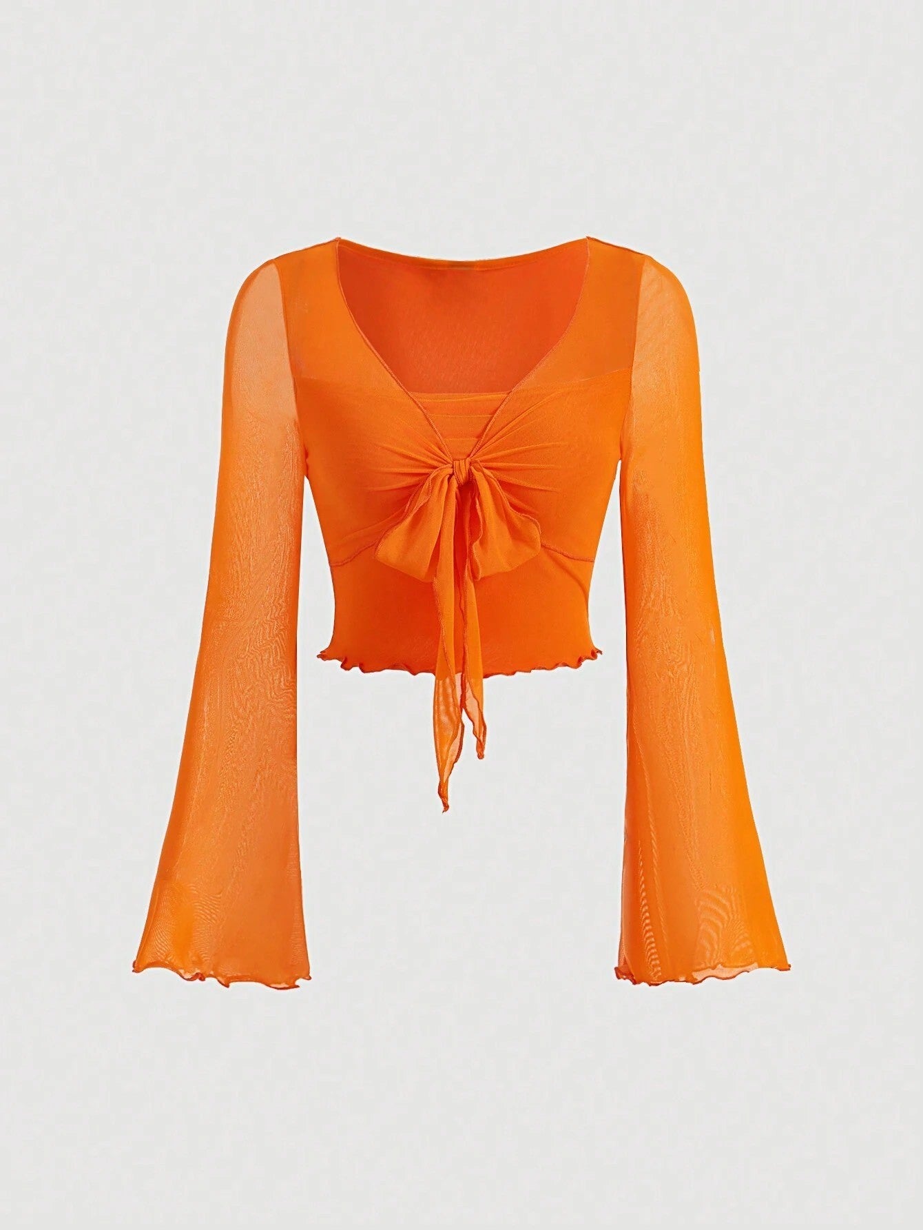 Fashzeo women's orange front-knot top with long sheer bell sleeves and lettuce-edge ruffle trim.