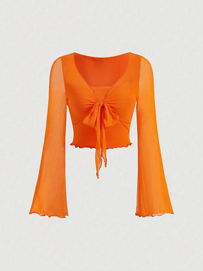 Fashzeo women's orange front-knot top with long sheer bell sleeves and lettuce-edge ruffle trim.